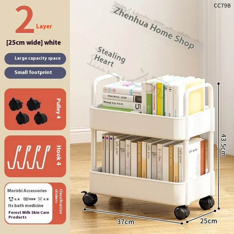 Plastic Small Cart Storage Rack with Wheels for Snacks Books Bathroom Bedroom Kitchen Storage Rack with Hooks