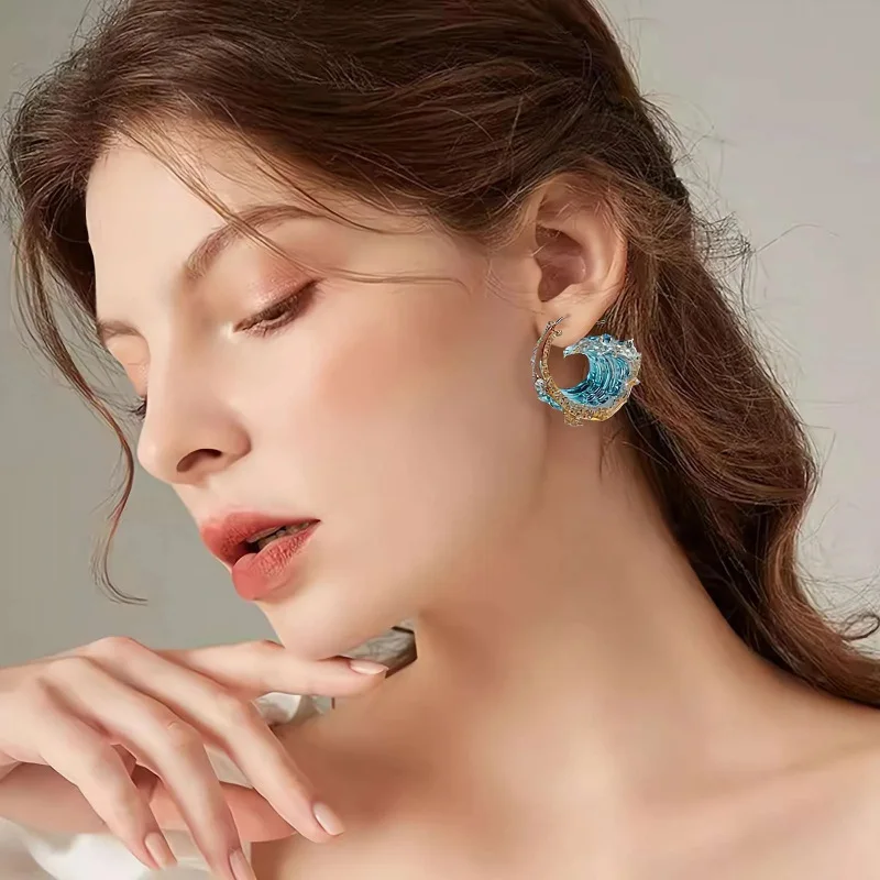 Fashion Blue Ocean Wave Resin Pendant Necklace For Women  Rhinestone Sea Beach Choker Chain Summer Vacation Party Statement Gift