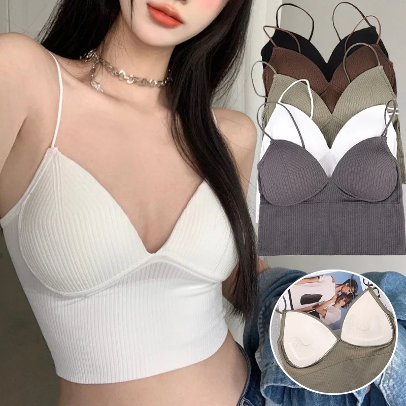 

2023 New Ladies Camisole Slim Fit Sexy Stretch Push Up Bra with Chest Pads Cropped Navel Short Tube Top V-Neck Tops Hot Sale