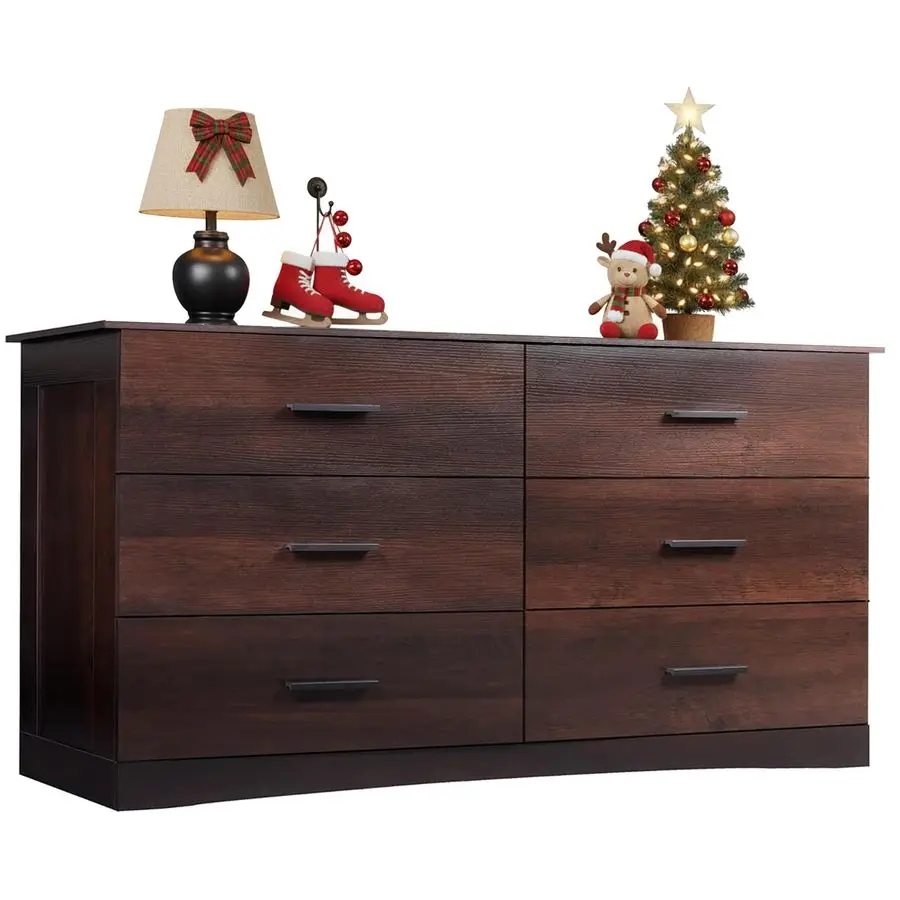 침실용 원목 서랍장, 6개의 서랍이 있는 넓은 서랍장, 대형 갈색 수납 타워 유닛, 모던 미니멀리스트 옷장