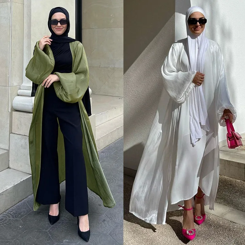 Elegant Bright Satin Cardigan Robe Abaya for Women Solid Open Abaya Kaftan Islam Cardigan Dubai Arab Clothes for Muslim Women