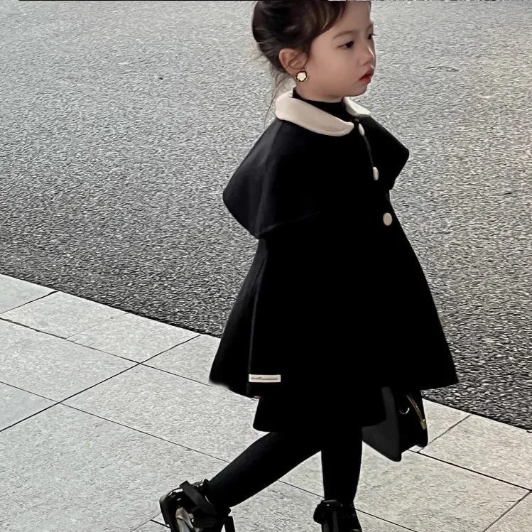 Outerwear Girls Coat Winter New Korean Woolen Cloth Overcoat Middle Length Soild 2023 Turn Down Collar Fashion Simple