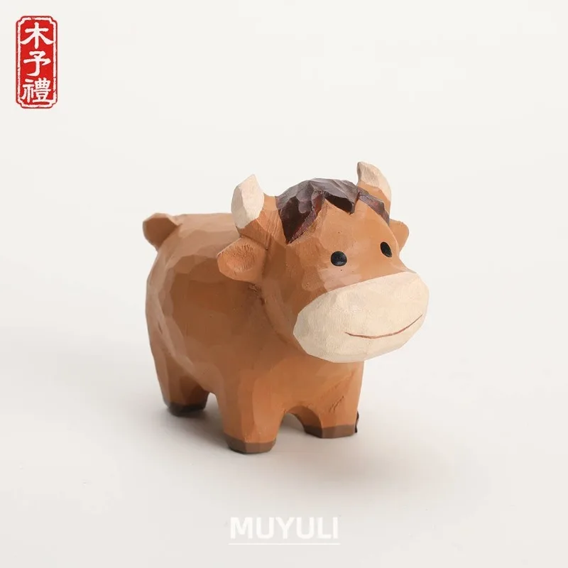 Hand Carved Wooden Little Yellow Cow Figurine Office Desk Decor Mood Stabilizer Desktop Ornament Ox Horse Gift for Colleagues