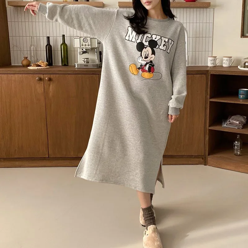 Disney Mickey Mouse Spring Autumn Sweatshirt Long-Sleeved Dress Woman Clothing Hooded Collar Pocket Casual Lady Dress Sweatshirt