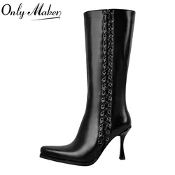Onlymaker Women Pointed Toe Black Matte Knee High Boots  Stiletto Sexy  Kitten Heels Side Zipper Winter Boots