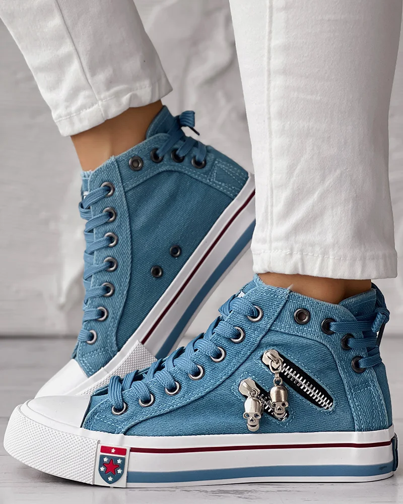 Skeleton head decorative zipper high top board shoes