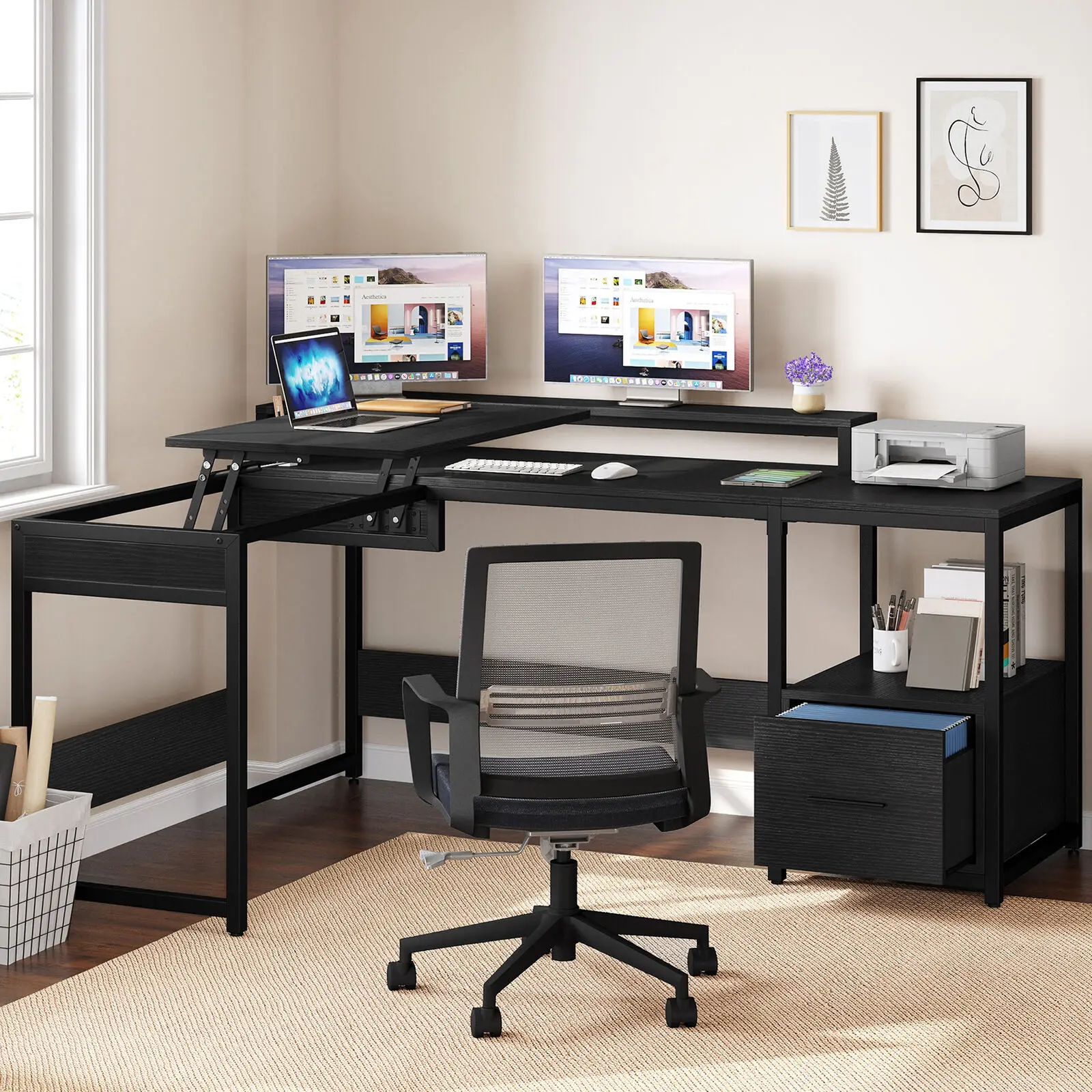 

L Shaped Desk with Lift Top Corner Computer Desk Office Desk with File Drawer