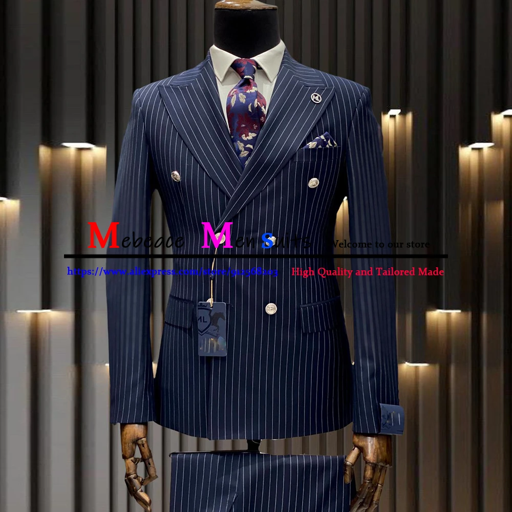 Navy Blue Striped Men Suits 2 Piece (Jacket+Pants) Business Double Breasted Male Office Work Blazer Sets Slim Mens Wedding Suit