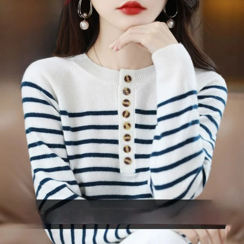 Loose Fit Long Sve round Ne Striped Knitted Wool Sweater Women's Base irt Spring Autumn Faion Commute Sle Button D...