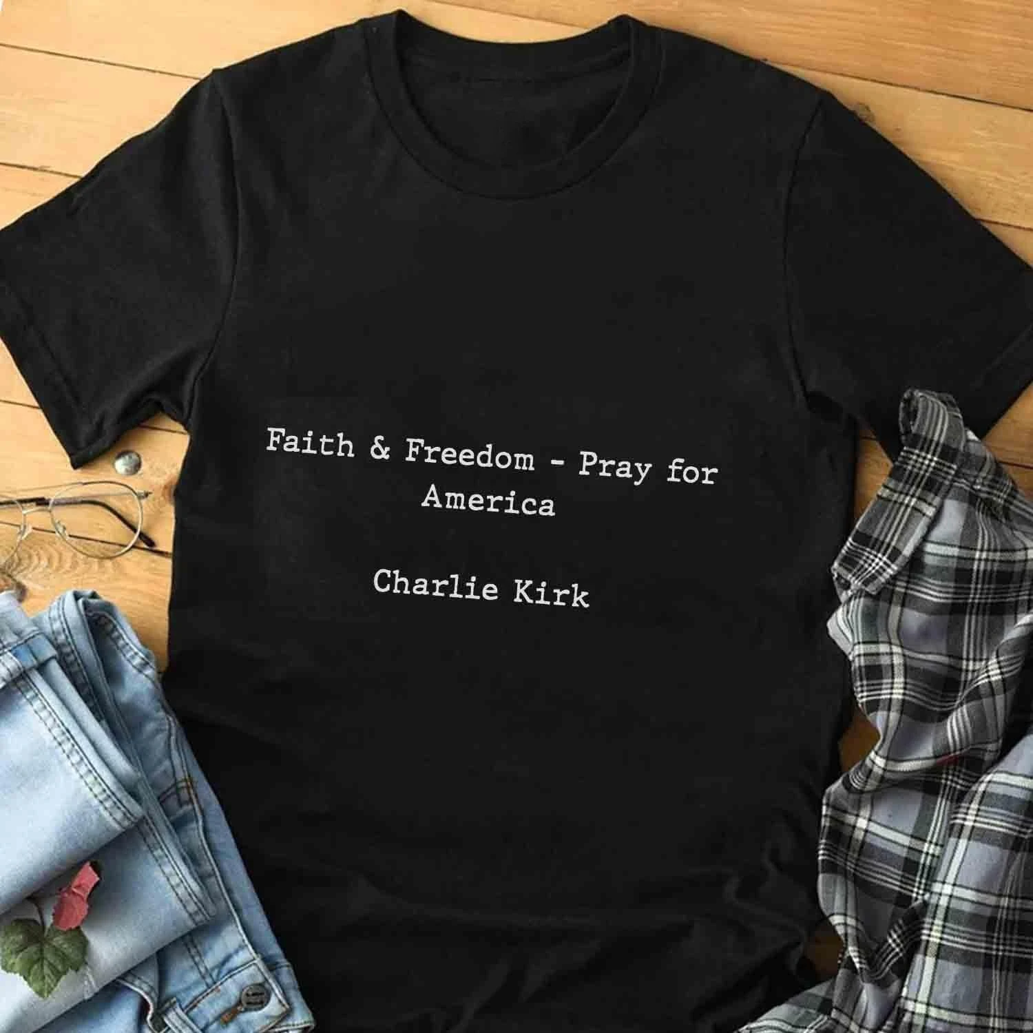 Pray for America Faith Freedom Cotton Short Sleeve T-Shirt Summer Casual Christian Human Rights Charlie Kirk Support Black Shirt