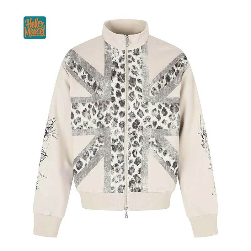 HELLOMARCEL EU US Size Luxury Quality Bomber Jacket Street Wear Autumn Retro Leopard Print Stand Collar Unisex Jacket