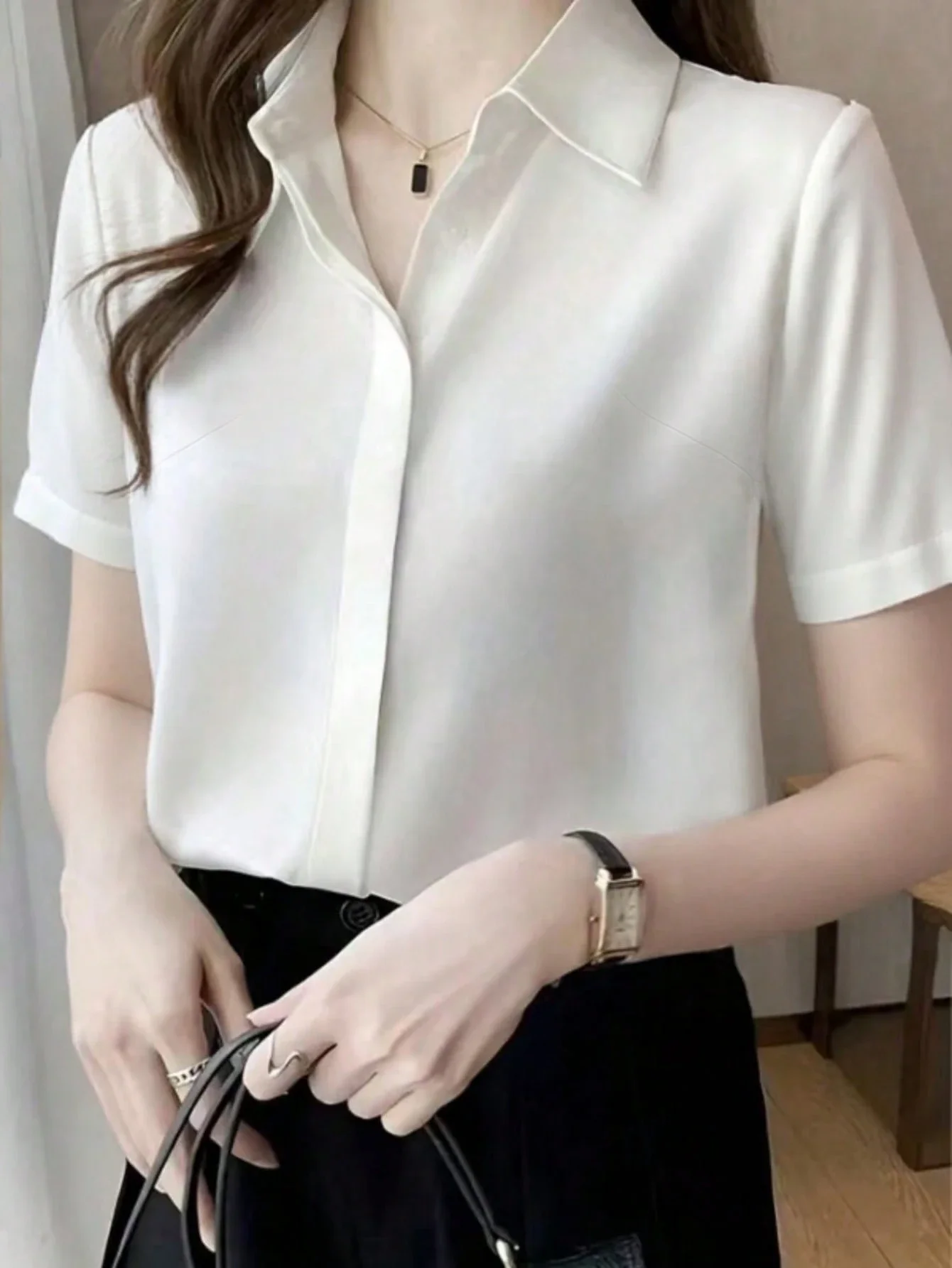 

Elegant White Short Sleeve Shirt Casual Office Lady Spring