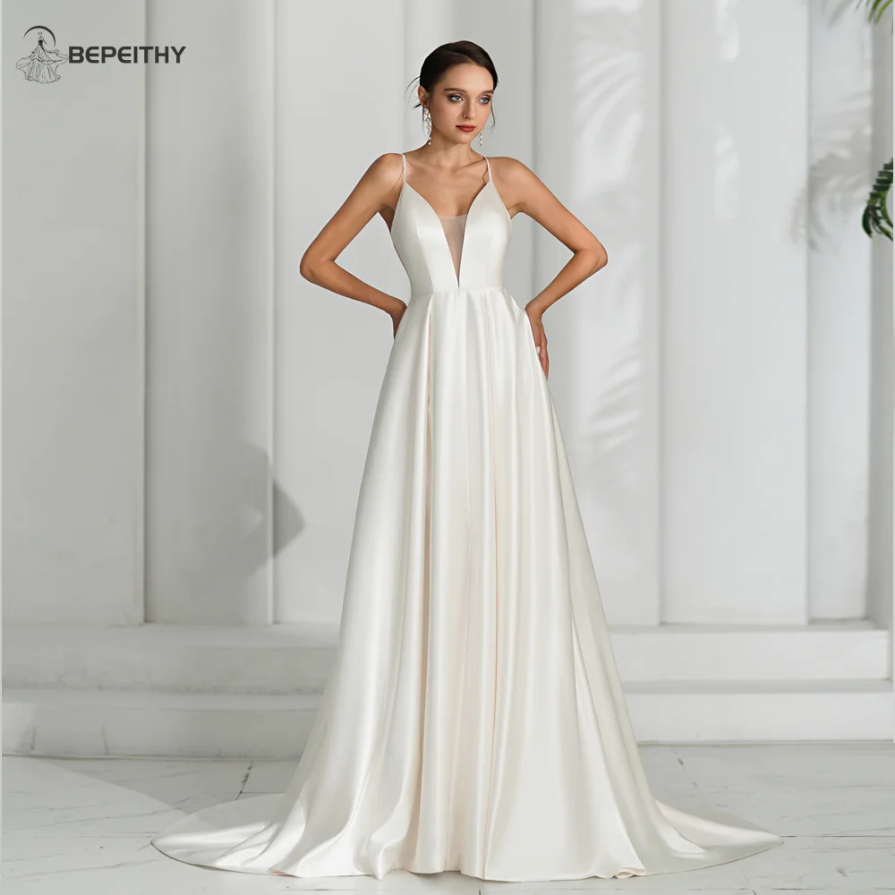 

BEPEITHY Simple Satin Ivory V Neck Wedding Dresses For Women Party Sleeveless Sexy Backless A Line Bride White Bridal Gown Vesti