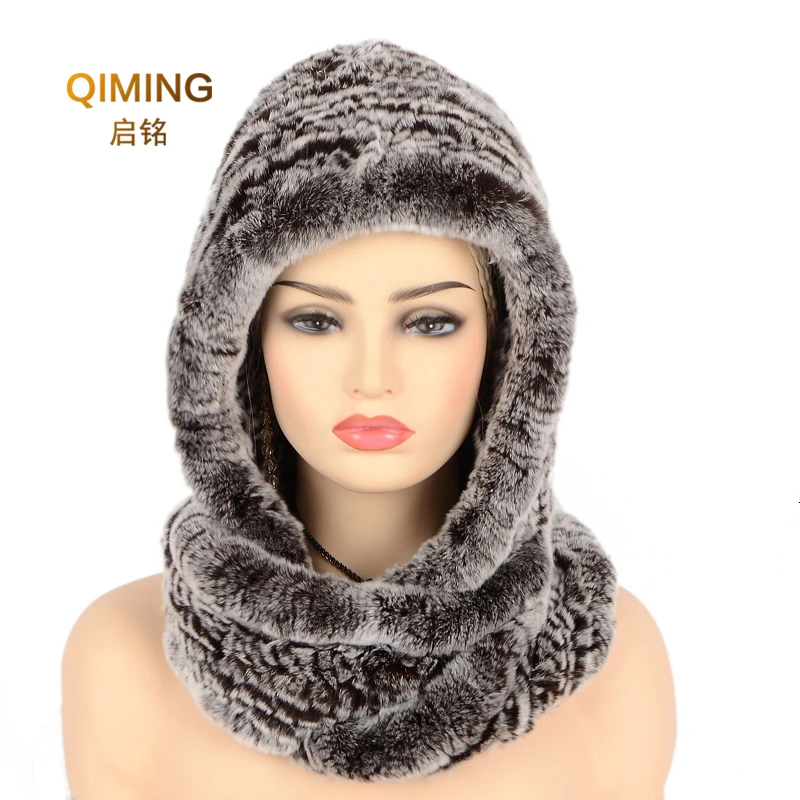 Hat Women New Knitted Real Rex Rabbit Fur Hat Hooded Scarf Winter hats for Woman Cap Warm Natural Fur Hat With Neck Scarves