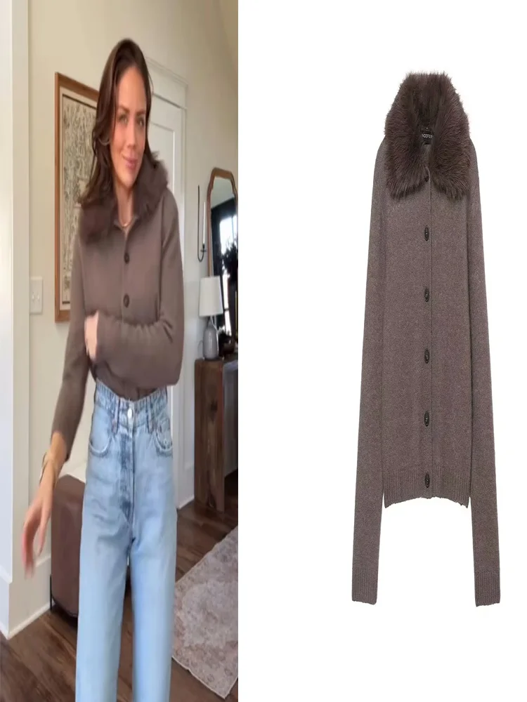 

HH Women Fashion Versatile Lapel Faux Fur Effect Lapel Knitted Jacket Female High Street Casual Single-breasted Sweater Mujer