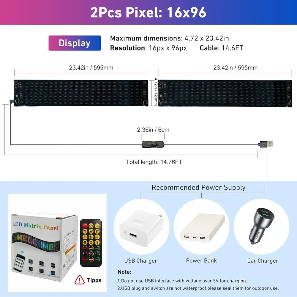 Doppie luci flessibili per parabrezza per auto a LED RGB da 23,4 x 4,73 con controllo intelligente dell'app per testo e modelli personalizzati