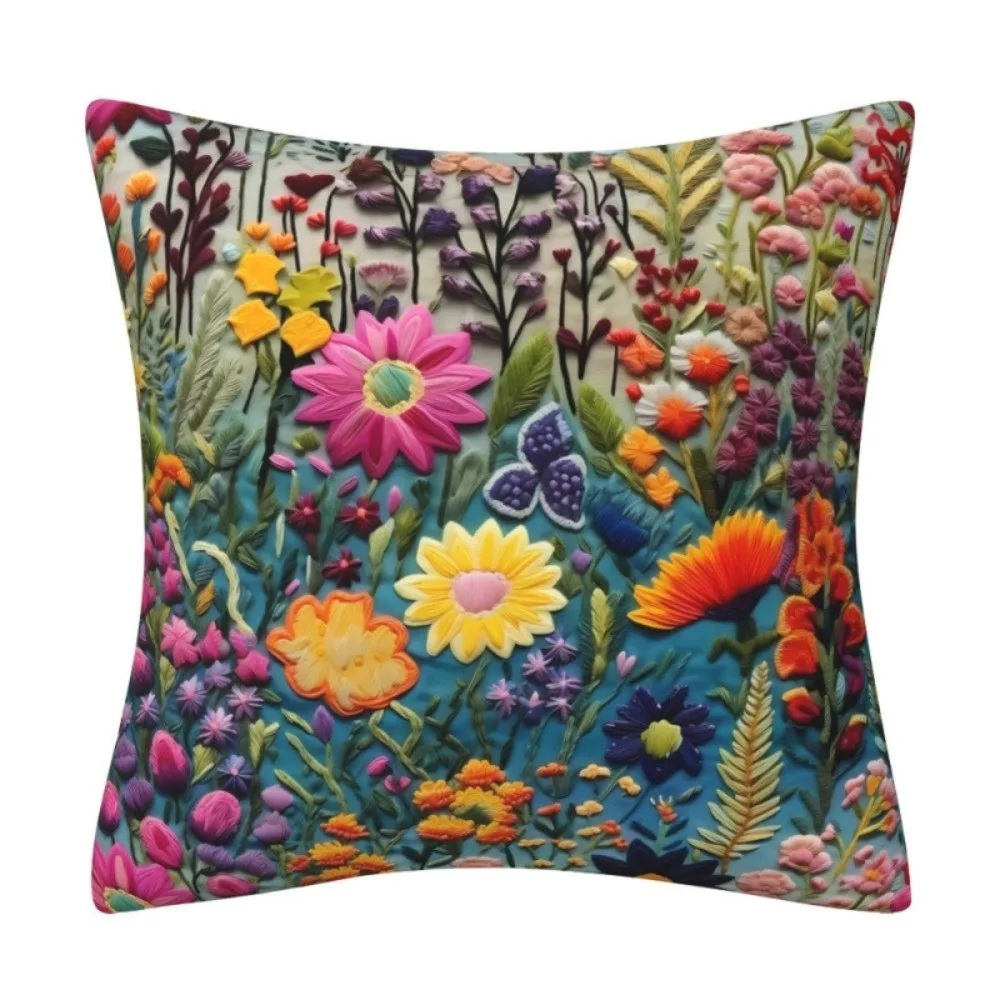 3D Embroidered Cushion Covers Single Sided Flower Pattern Pillow Covers Linen 45 x 45 Square Throw Pillow Covers for Living Room