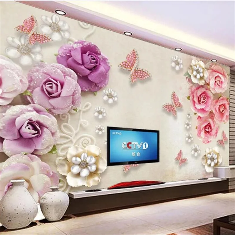 Custom large wallpaper 3d retro mural European style jewelry butterfly love flower stereo TV background wall decoration painting