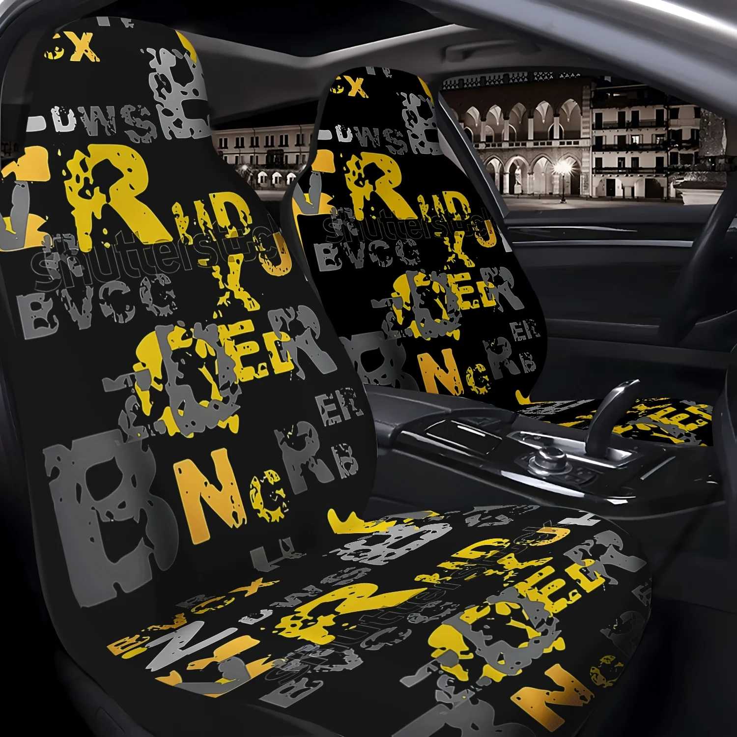 2pcs Letter Graffiti Pattern Car Seat Covers, Suitable For Front Seats, Easy To Install And Clean, Fits Cars, SUVs, Trucks, And
