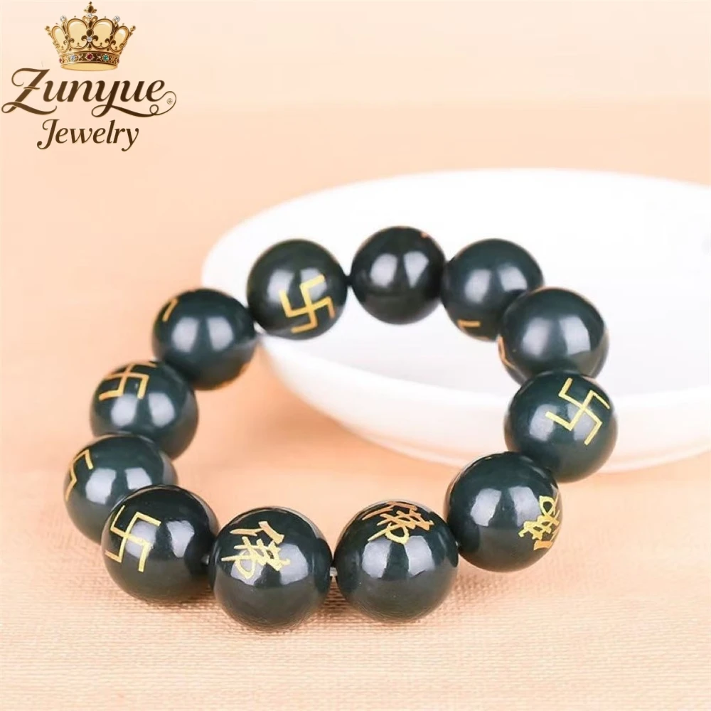 

Натуральный черный блестящий нефрит Хотан с круглыми бусинами, высококачественный браслет, элегантное изысканное популярное модное украшение, изысканный праздничный подарок