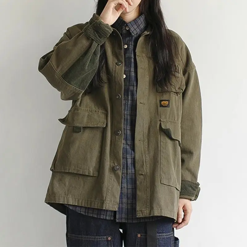 Men and Women Japanese Retro Workwear Jacket Spring Autumn Lapel Long-sleeved Multiple Pockets Loose Casual Single Breasted Coat