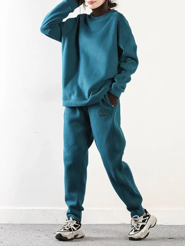 

Loose Spor High Collar Sweater Hoodie Casual Two Piece Set Long Sve round Ne Women's Autumn Winter Faion Ensemble