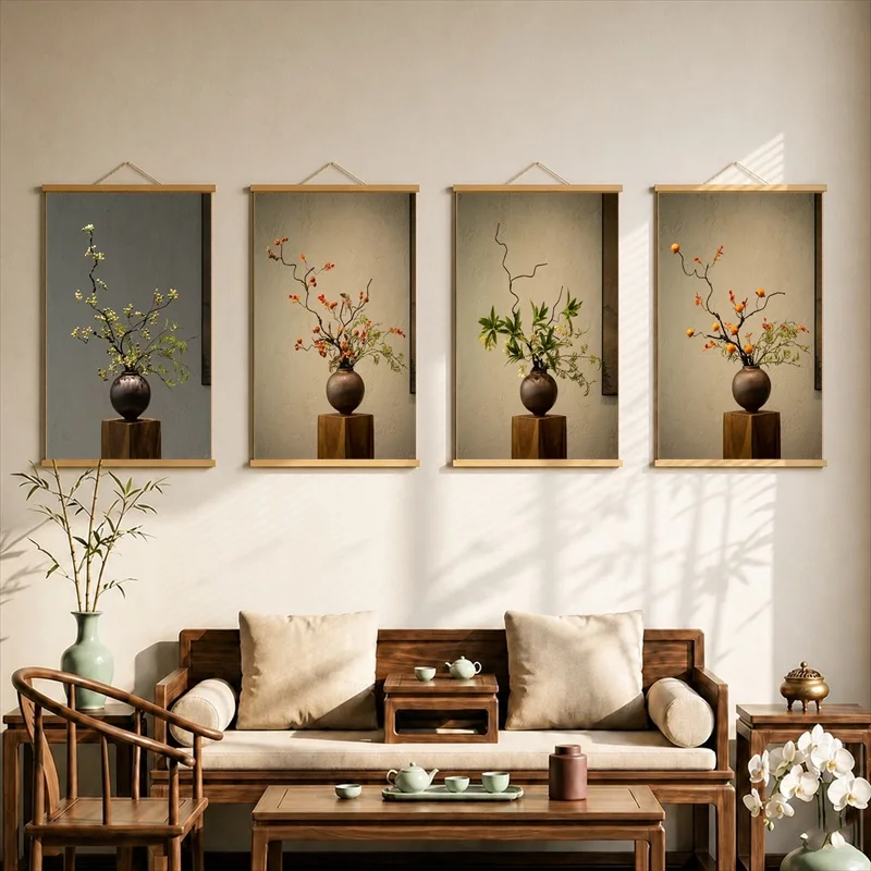 Rustic Vases Wall Decor with Seasonal Ikebana Branches Pearlescent Canvas Hanging Scroll for Flower Arrangement And Studio Inter