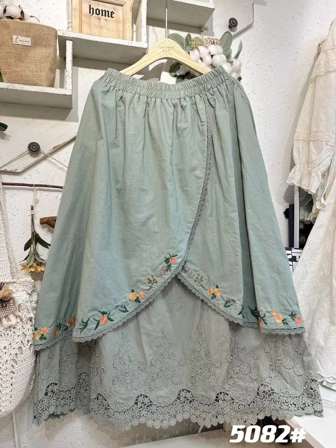 تنورة حلوة يابانية Sle f بطبقة مزدوجة مطرزة بطانة قطنية ثقيلة مادة الكتان مرقعة على شكل حرف a تنورة طويلة