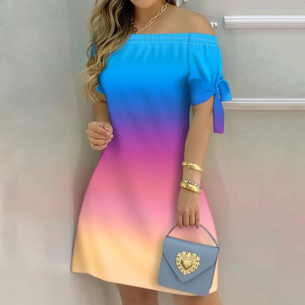 Women Fashion Casual Off Shoulder Gradient Short Sleeve Dress Elegant Women\'s Summer Bow Print Party Mini Dresses Vestidos 3XL