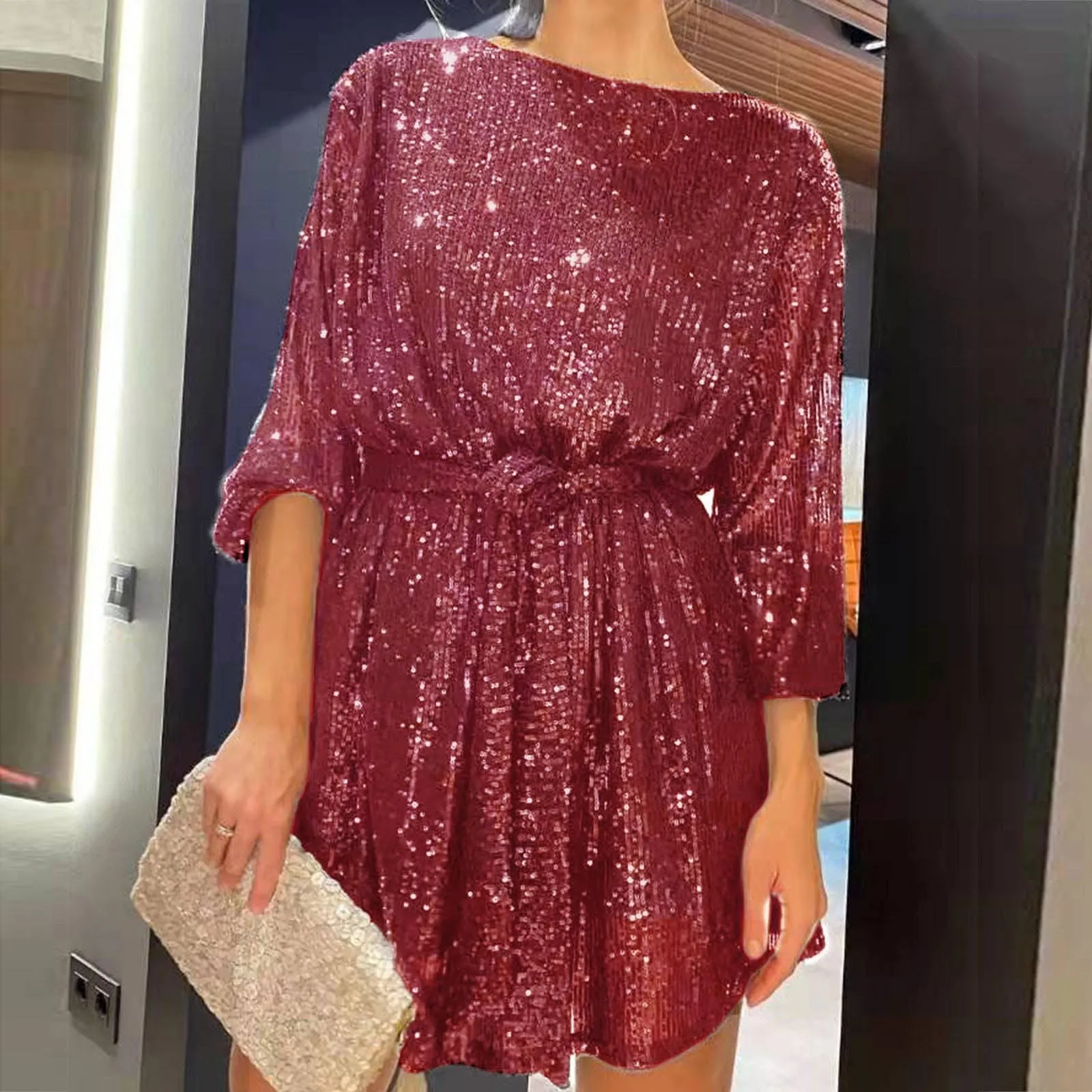 

Womens Autumn Puff Long Sleeve O-Neck Solid Shiny Sequin Belted Loose Mini Dress