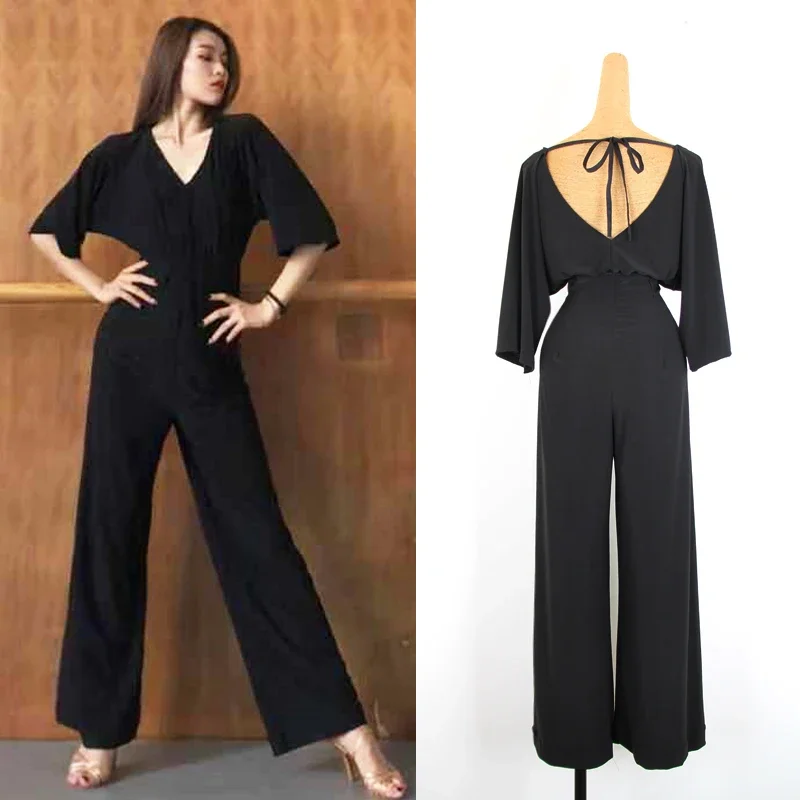 Latin Dance Dress Adults Black Loose Wide Legged Jumpsuit Ladies Rumba Tango Salsa Samba Cha Cha Ballroom Practice Wear DN4072