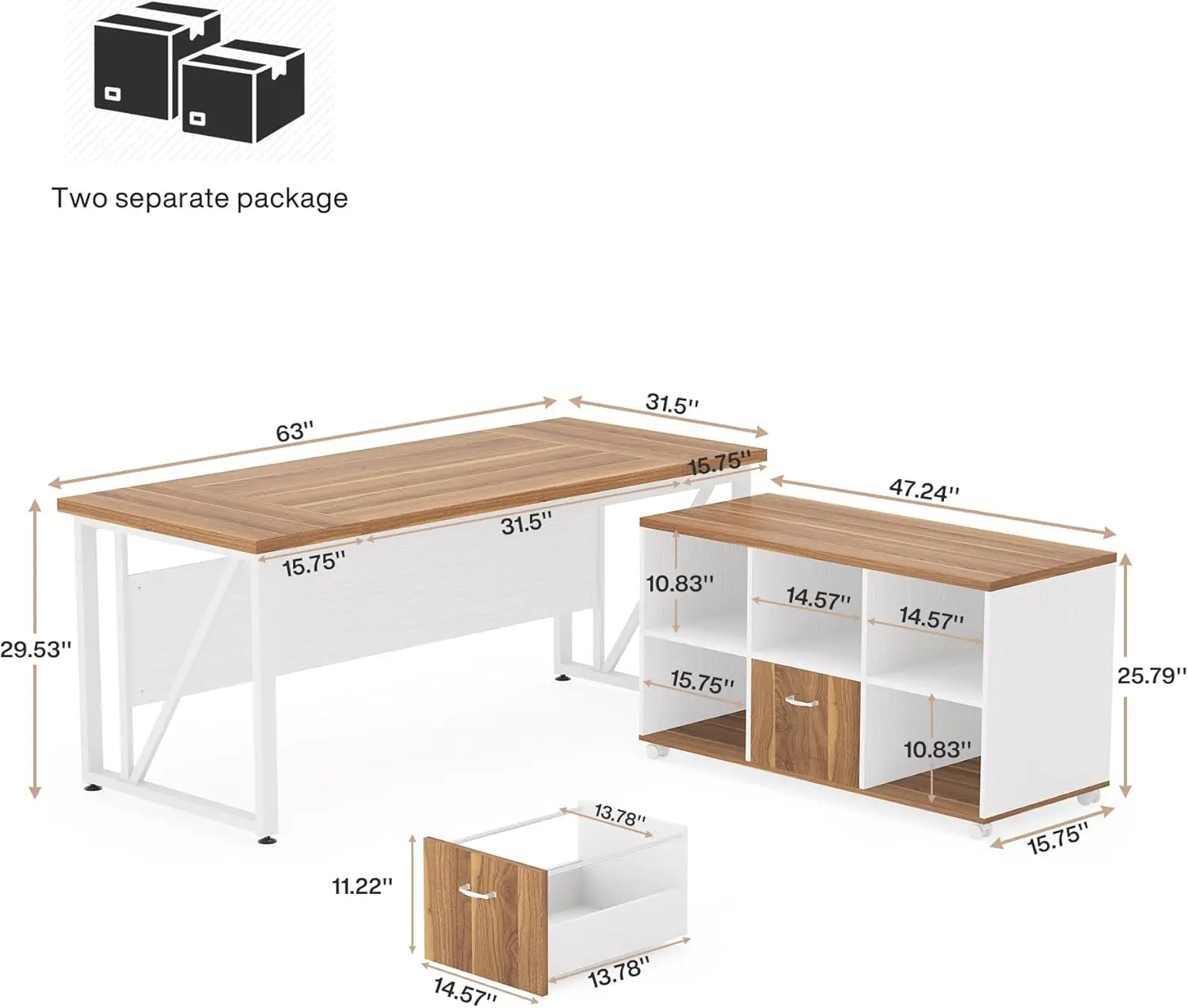 Escritorio ejecutivo y archivador lateral de 47", escritorio para computadora en forma de L, juego de muebles de oficina para el hogar con cajones y estantes de almacenamiento,