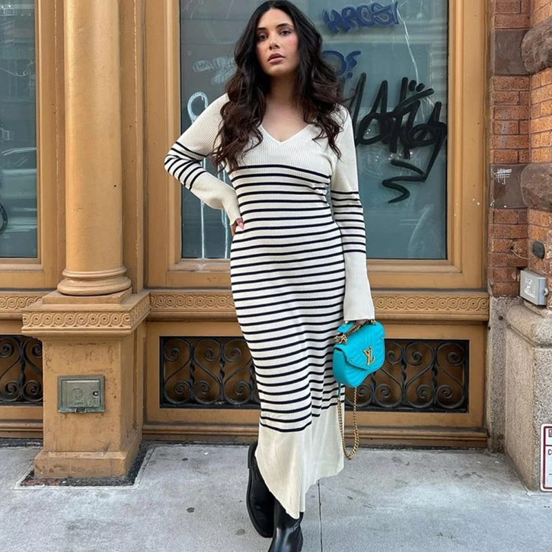 

Ticketsx Striped Knitted Long Dress Women's Classic V Neck Sweater Long Sleeve Dress Female Warm Simple Autumn Knitwears Dresses