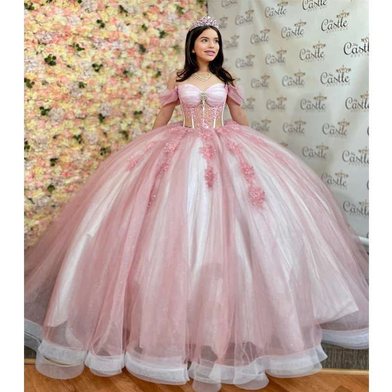 ANGELSBRIDEP Luxury Glittering Quinceanera Dress Crystal Beading Pink Lace Vestidos De 15 Anos Birthday Princess Ball Gown