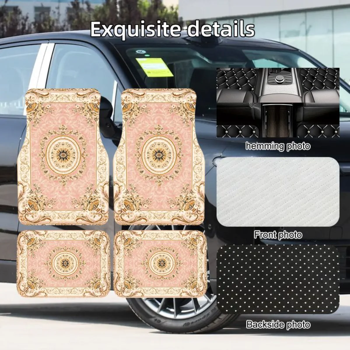 Pink Vintage European Palace Floral Rug Print Car Floor Mats 4 Pieces Universal Fit Waterproof Non Slip Auto Foot Mats For SUV view 6