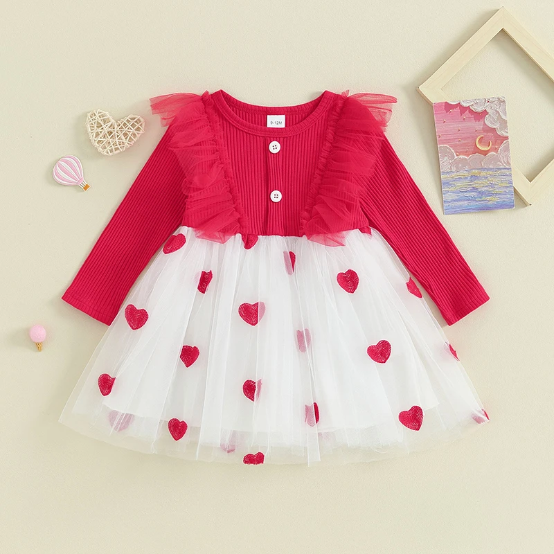 Sweety Kids Girl Long Sleeves Lace Dress Casual Valentine's Day Heart Print Mesh Tulle Dress for Toddler Baby Spring Clothes