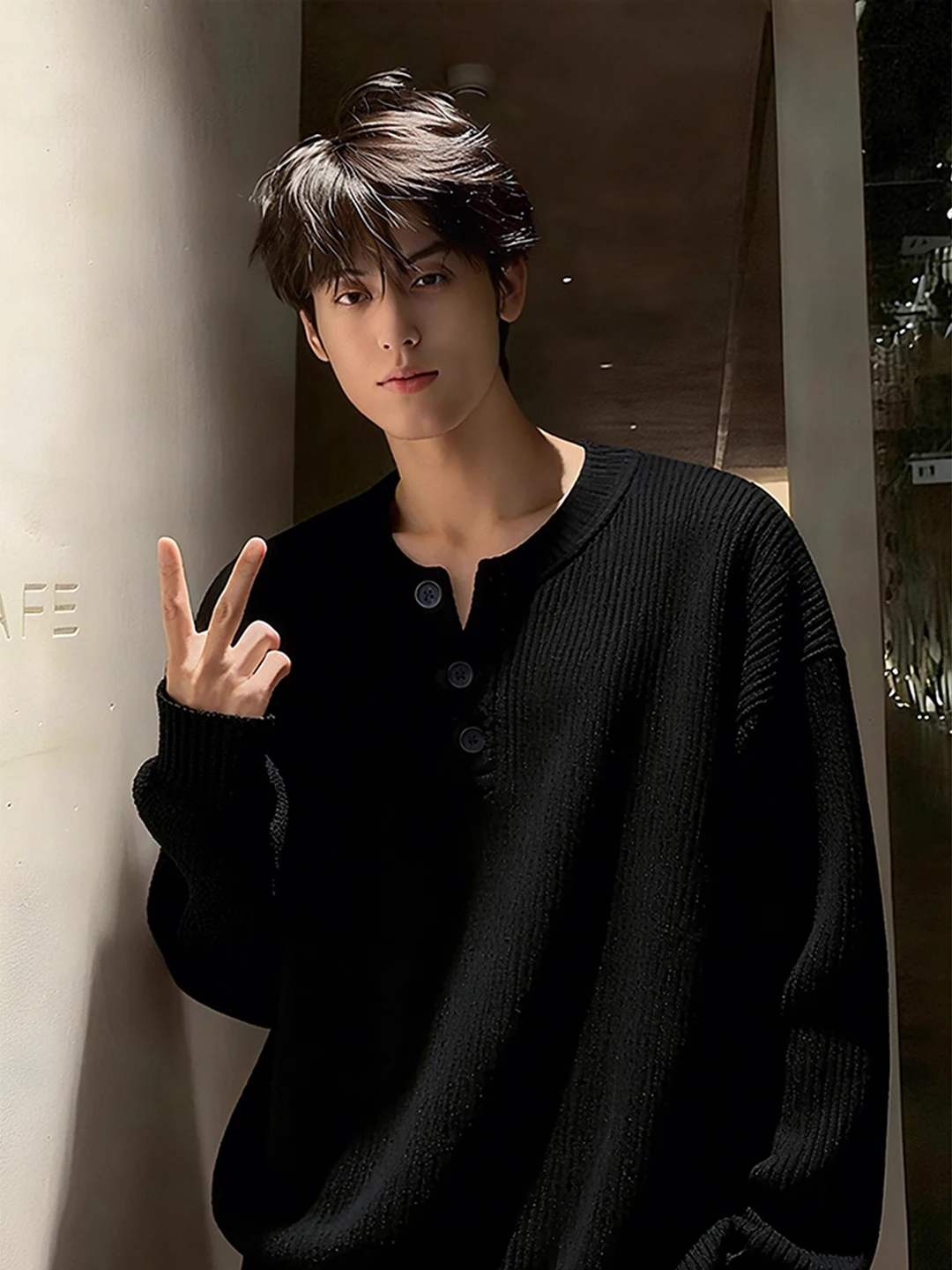 

Мужской вязаный свитер с воротником хенли, утепленный, свободного кроя, осенне-зимний, повседневный, базовый слой, мягкий хлопковый свитер