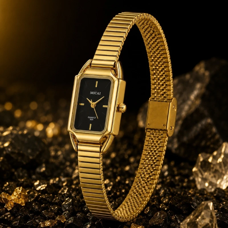 Elegant Gold Women's Quartz Watch Fashion Rectangle Dial Slim Bamboo Steel Band Ladies Wristwatch Clock Gift reloj para mujer