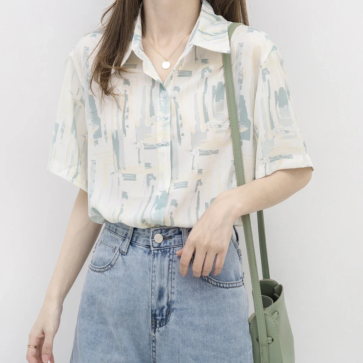 

Vintage Chiffon Short Sleeve T-shirt Print Beautiful Women's Shirts 2024 Summer Korean Fashion Loose Casual Top Ladies Blouses