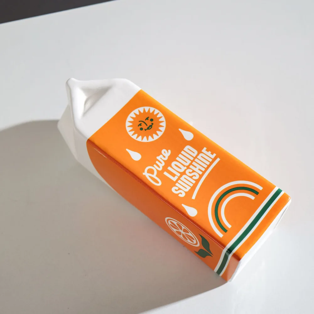 Vintage Inspired Orange Juice Flower Vase Modern Simulated Beverage Carton Design Aesthetic Table Decor Art