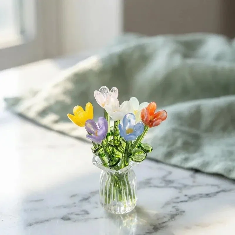 Mini-Glasblumen mit Vase, lebensechter Blumenstrauß, handgefertigte Simulationsblumenskulptur für Zuhause, Desktop-Dekoration, Geschenk – Detail 5