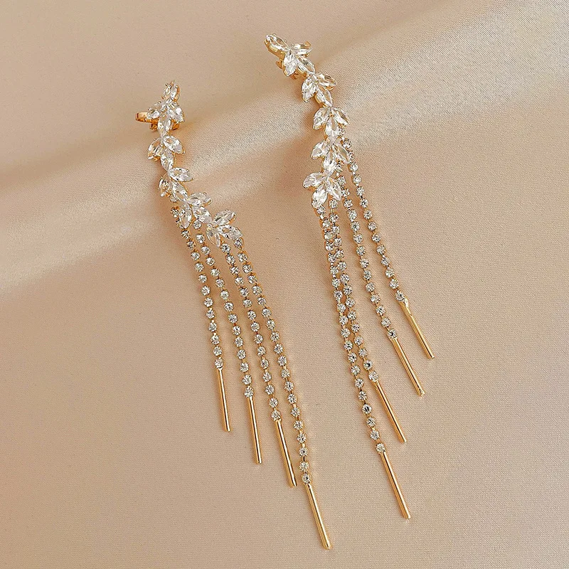 Fashion zircon leaf rhinestone fringed earrings, integrated, exquisite and high-end temperament elegant earrings