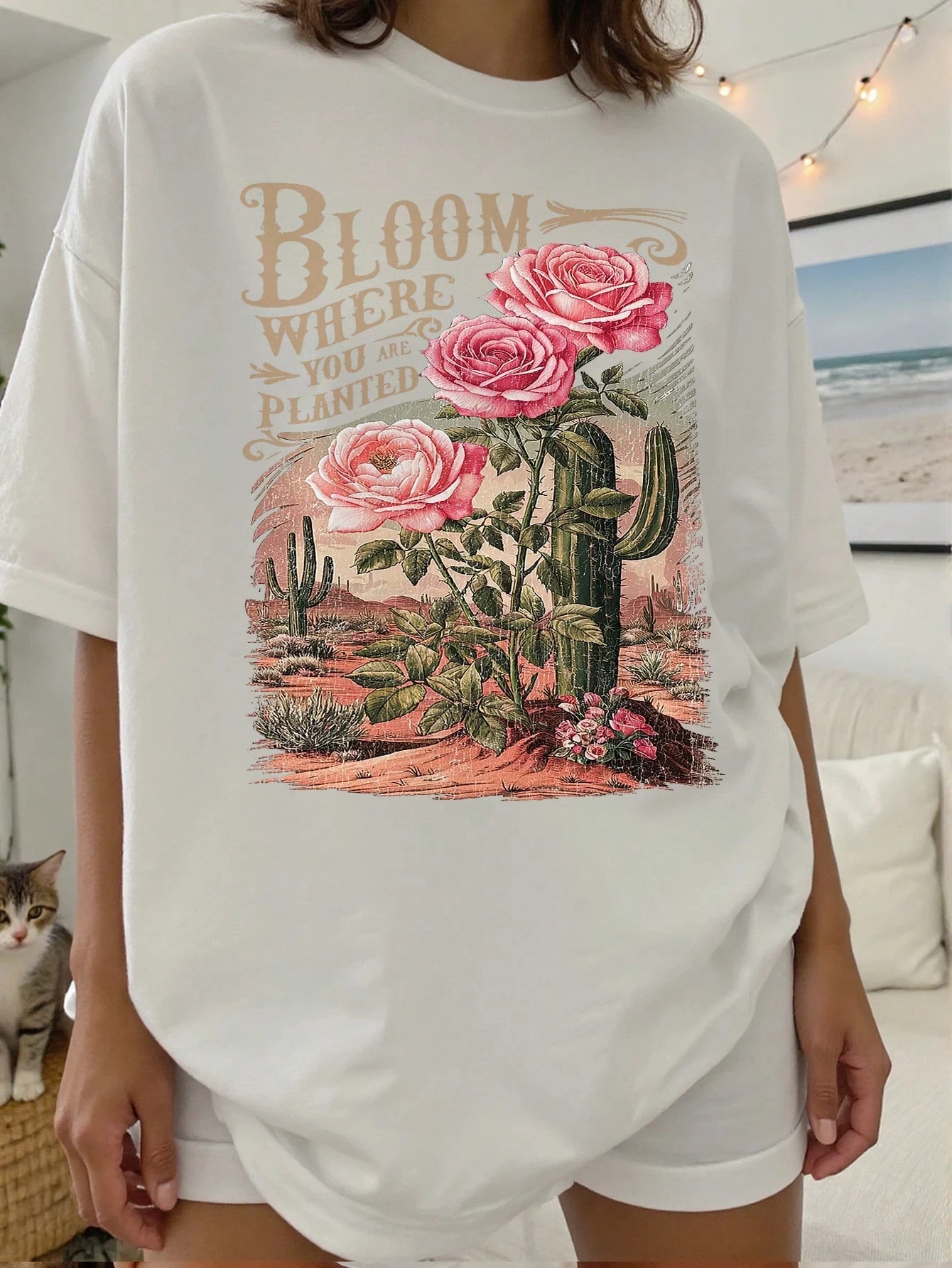 Bloom onde você está plantado cactus rosa design das mulheres camisetas de algodão casual camiseta verão o-pescoço topo macio solto manga curta
