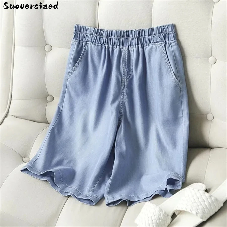 Ice Silk Summer Shorts Baggy Jeans Blue Thin Pantalones Cortos Elastic High Waist Oversize 4xl Women Denim Pants Casual Vaqueros