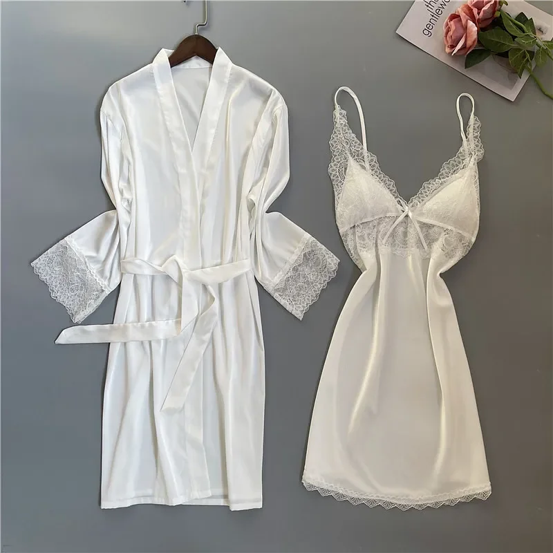 Summer Women Sleepwear Nightgown Pink Lace Bride Bridesmaid Wedding Robe Kimono Gown Sexy Sleep Set Silky Satin Loose Home Dress