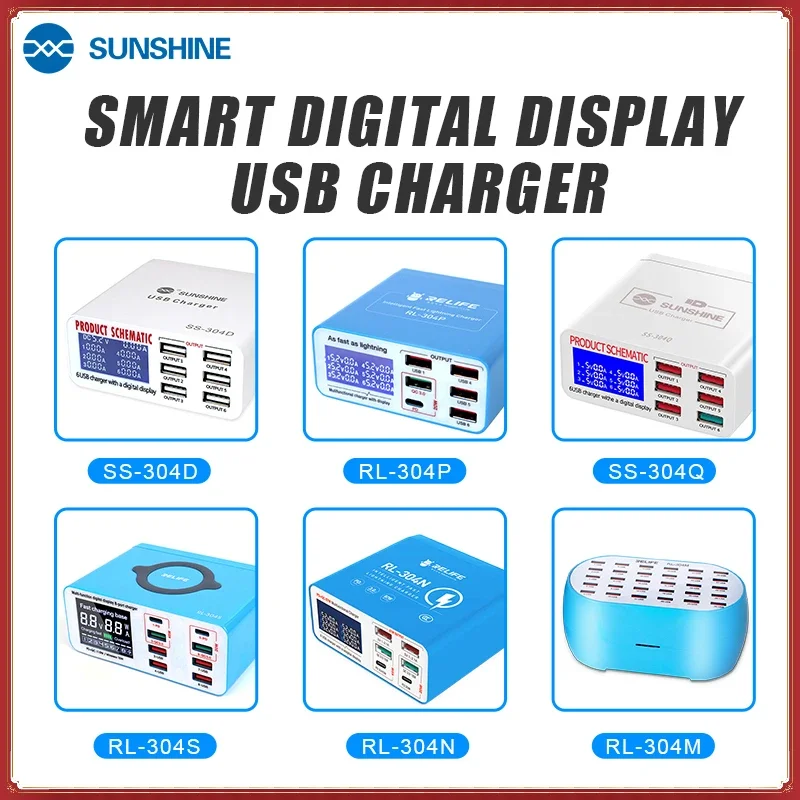 RELIFE 304P SS-304D SS-304Q Smart 6 Port USB Digital Display Lightning Charger For iPhone Samsung Huawei Xiao Vivo Opop