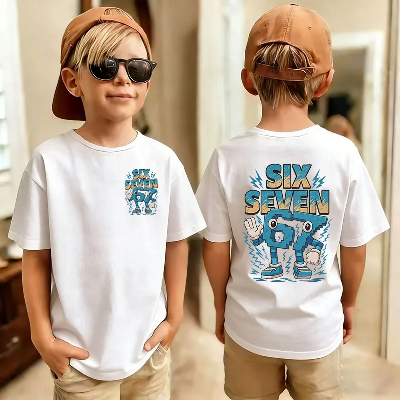 Cartoon Niedliches Lustiges Sechs-Sieben Italienisches Brainrot 67 Nummer Grafik-Print T-Shirt für Jungen/Mädchen Sommer Kurzarm Kinder T-Shirt Top