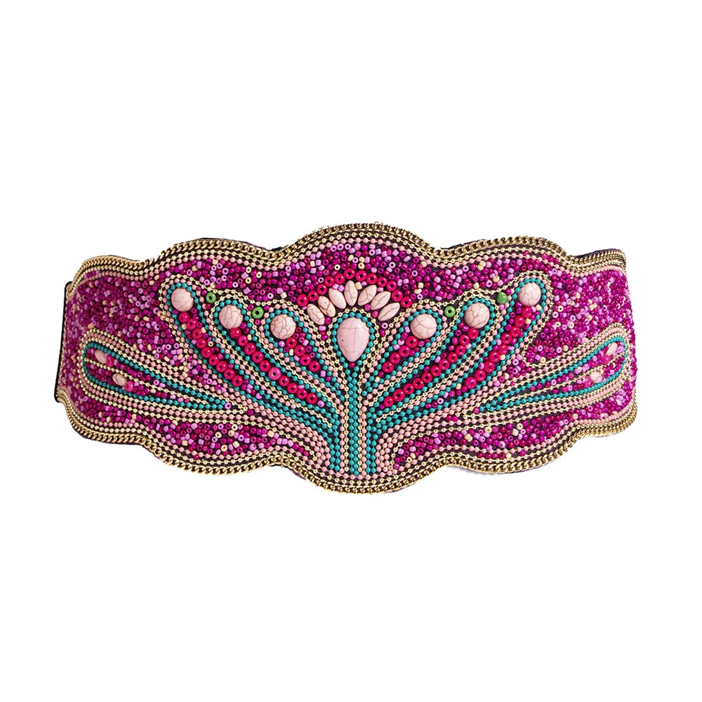 Women Ethnic Corset Waistband Bohemian Elastic Wide Belt Beads Decorated Girdle For Coat Dress Colorful Female Waist Belts