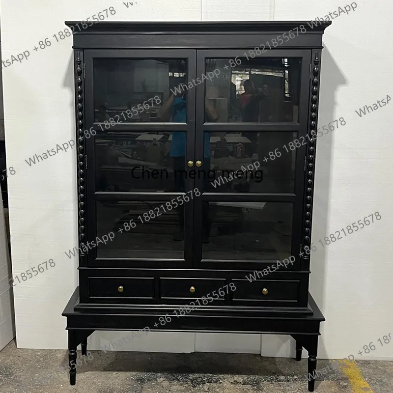 Medieval black display, display cabinet, three-layer double-door glass cabinet, solid wood, French side cabinet
