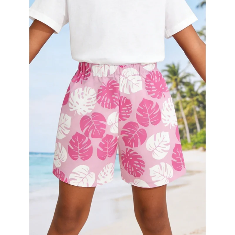 2026Pink Bottom White Monstera Leaf Print Tropical Vacation Style Shorts